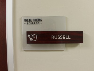 Online-Trading-Academy-custom-suite-sign-with-frosted-acrylic-and-wood-laminate-insert